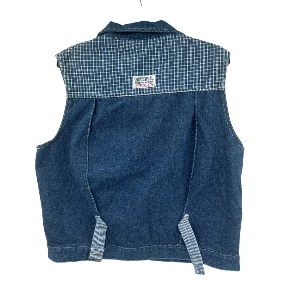 Stefano International Vintage Denim Vest Size M Blue Plaid Yoke 90s Utility‎